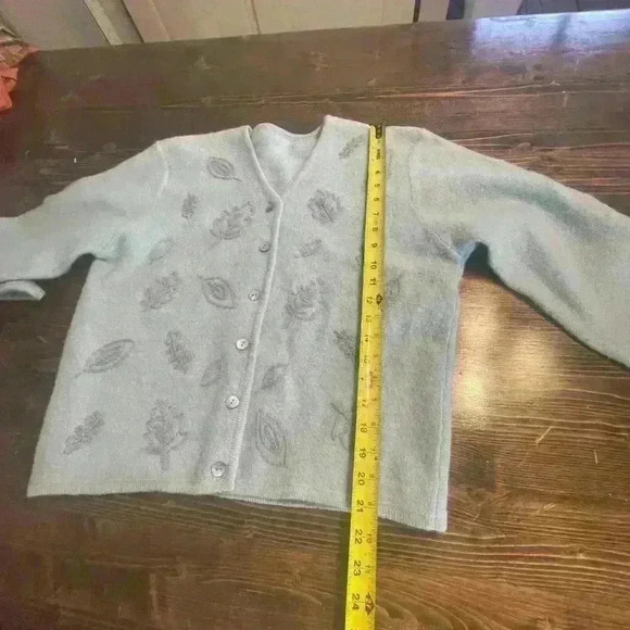 Light Blue Long Sleeve Wool Granny Cardigan with Embroidered Leaf Motif - Picture 2 of 8